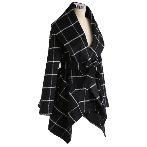Chicwish Shawl Collar Black w/ White Grid Asymmetric Hem Wool Blend Coat Small - Picture 10 of 11